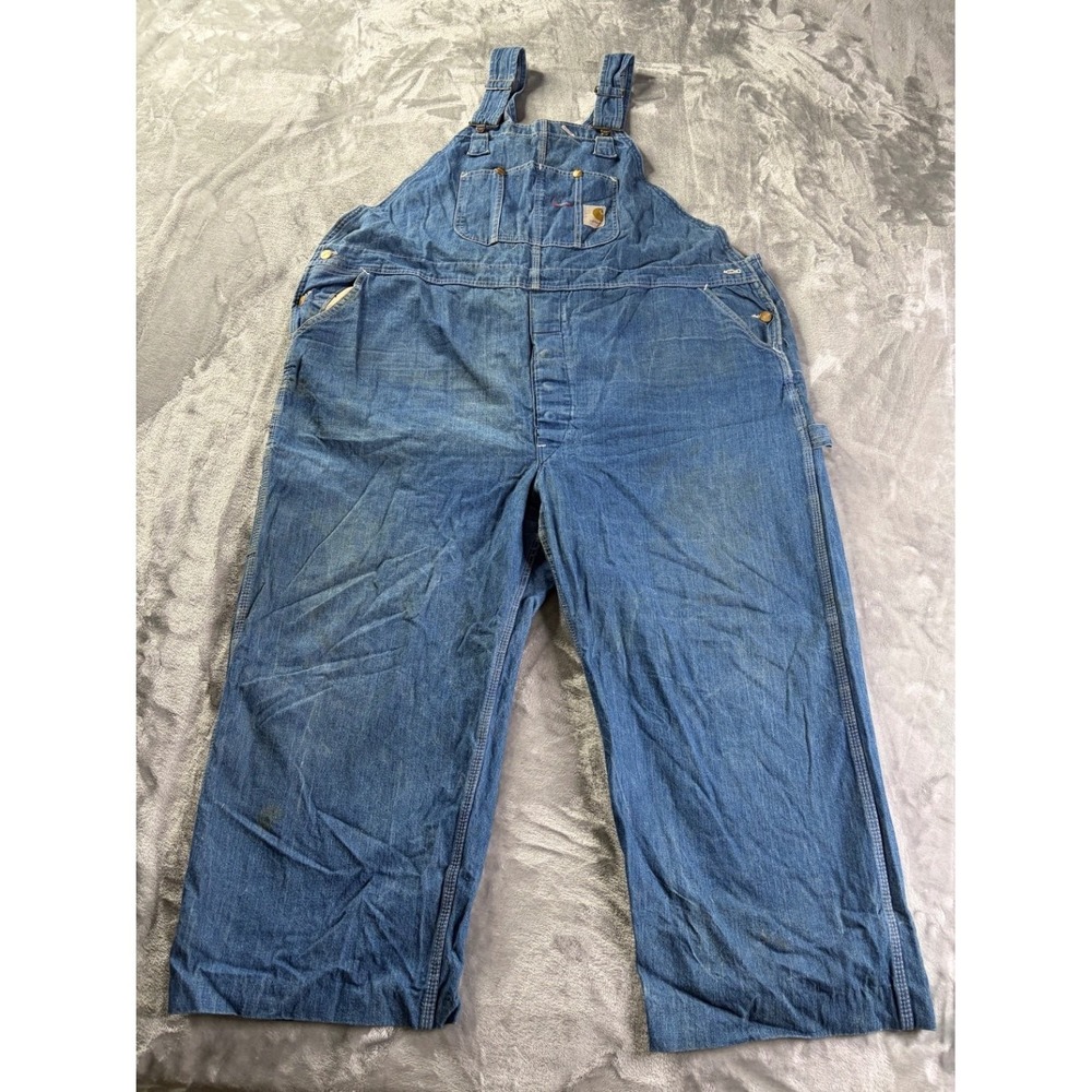 Carhartt Men's Overalls Size 50 Blue Branded Brass Buttons Bib Carpenter Denim
